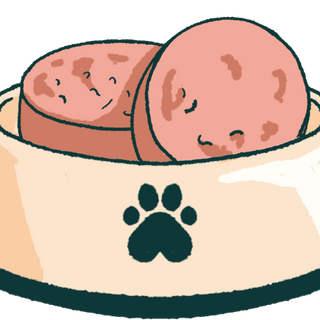 Dog bowl with a paw print contains two slices of meat.