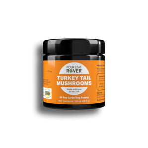 Front of Four Leaf Rover Turkey Tail supplement for gut and immune health in dogs, available at GoodForDogs