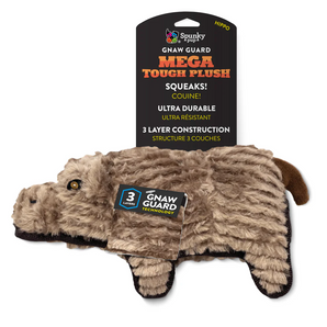 Front view of the SpunkyPup Tough Plush Hippo dog toy with triple-stitched seams for durability, available at GoodForDogs