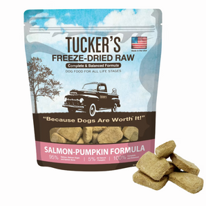 Front of Tucker’s Freeze-Dried Raw Salmon & Pumpkin Formula dog food in 12oz bag, available at GoodForDogs