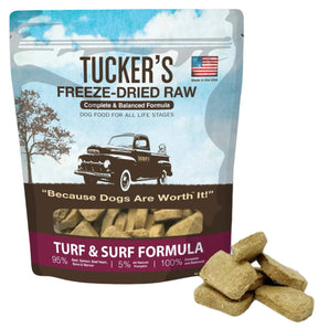 Front of Tucker’s Freeze-Dried Raw Turf and Surf Formula dog food in 14oz bag, made with beef and salmon, available at GoodForDogs